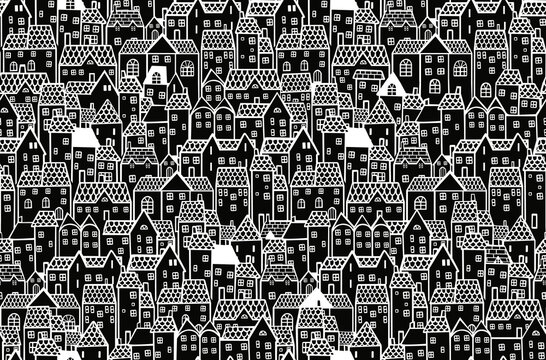 Black and white seamless pattern with cute houses.