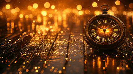 Beautiful wooden clock resting on a table bathed in a soft twilight glow with subtle sparkle enhancing its charm.