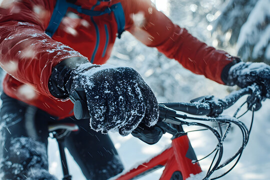 cyclist wearing thick mittens over cycling gloves gripping frost-covered brake levers on fat-tire bik