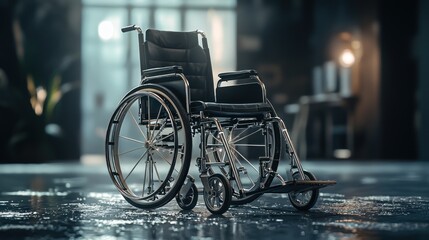 Obraz premium Empty Wheelchair in a Dark Hallway: A Symbol of Solitude and Accessibility