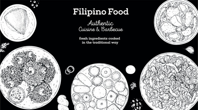 Filipino food top view vector illustration. Food menu design template. Hand drawn sketch. Filipino food menu. Vintage style.