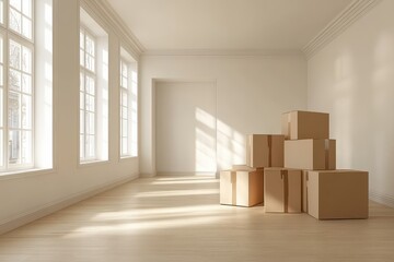 Sunlit room with stacked cardboard boxes casting shadows on wooden floor, minimalistic design