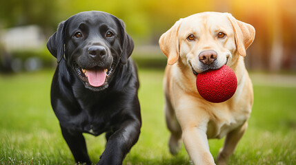 Two playful dogs joyfully running together in a sunlit park fetching a ball underneath the clear blue sky with lush green grass.