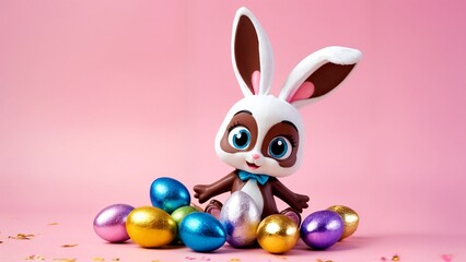 A white bunny figurine sitting on top of a pile of chocolate eggs.