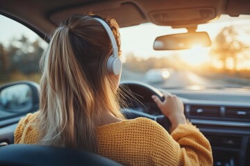 a young woman is driving a car, listening to music through headphones, enjoying the scenic view of the road