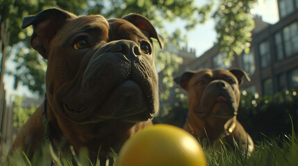 A curious dog playing with a bright yellow ball in a playful atmosphere surrounded by green grass and a beautiful sunny day.