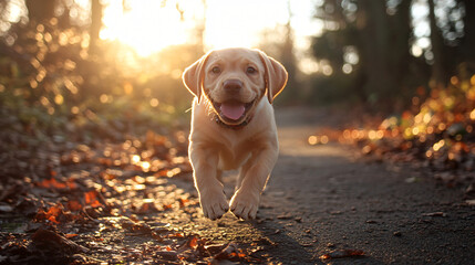 A happy dog running swiftly through a dense forest with lush greenery and sunlight creating a vibrant and joyful atmosphere.