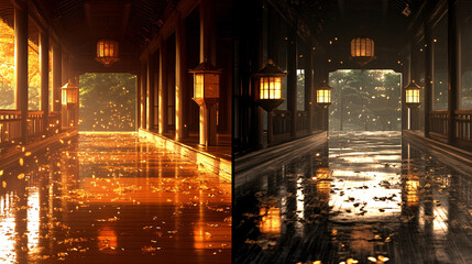 A unique hallway featuring a rain-covered floor reflecting light and creating a serene atmosphere enhanced by floating lanterns for a mystical touch.