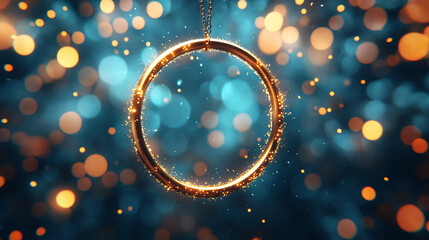 Elegant gold christmas ball hanging delicately from a string against a softly cloudy background invoking warm holiday spirit and festive cheer.