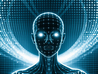 digital artwork featuring a futuristic, humanoid figure composed of a grid-like pattern with vibrant neon colors, primarily blue and orange