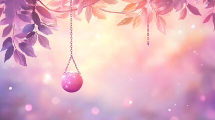 Playful purple background featuring a pink ball hanging delicately from a branch creating a whimsical atmosphere filled with dreamy vibes.