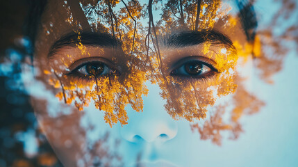 September Sadness Concept Image. End of Summer Nostalgia. A double exposure of the face and trees, creating an ethereal effect with reflections in her eyes.