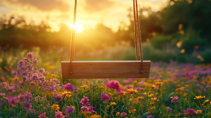 Enchanting swing nestled in a field of colorful flowers surrounded by nature inviting playfulness and joyful moments in a serene landscape.