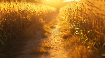 Golden Hour Path Through Wheat Field