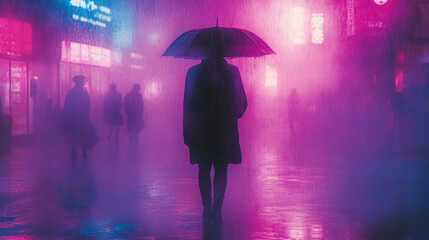 Individual walking through rainy streets bathed in neon light creating a whimsical and dynamic urban experience of movement and life.