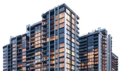 PNG Luxury highrise building at dusk architecture urban city.