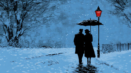 Romantic couple walking hand in hand through the snowy streets illuminated by soft street lights creating a whimsical winter scene.