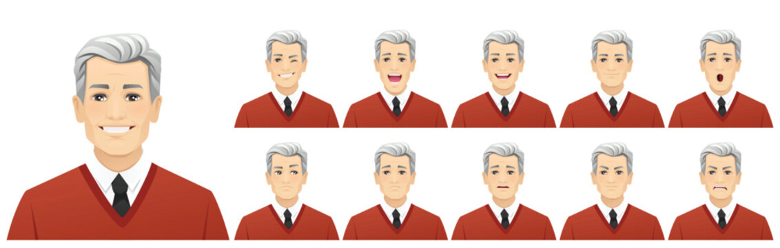 Mature business man with different facial expressions set. Vector illustration isolated