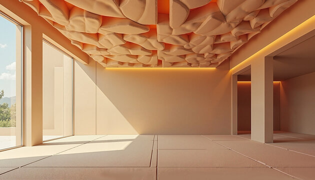 Silk texture ceiling in modern interior design with natural light and minimalistic style
