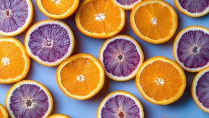 A close-up of sliced oranges in shades of orange and purple, arranged on an abstract blue background.