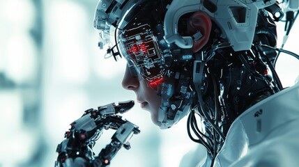 Fototapeta premium Cybernetic Contemplation: A Futuristic Portrait of a Thoughtful Cyborg