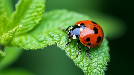 Fototapeta premium Vibrant Ladybug Crawling on Green Leaf in Natural Environment
