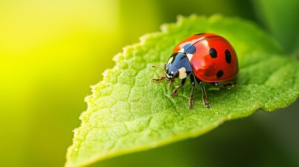 Obraz premium Bright Red Ladybug on Green Leaf in Soft Natural Light
