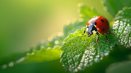 Fototapeta premium Ladybug on Green Leaf in Natural Light with Soft Background Focus
