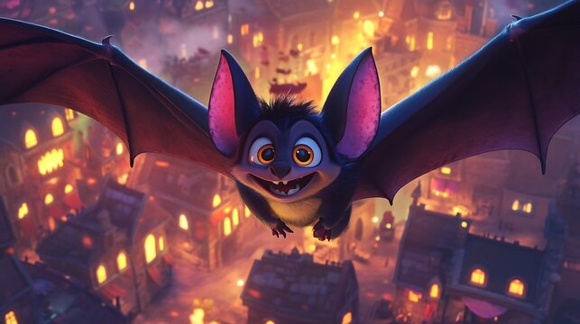Cute bat flies over a magical night city