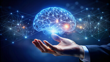 Futuristic AI Innovation with Glowing Digital Brain and Neural Network Hologram