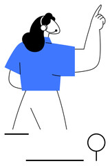 Woman in blue shirt pointing upward with confident posture, minimal lines. Ideal for education, communication, teamwork, leadership, innovation, motivation guidance. Flat simple metaphor