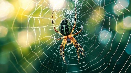 Colorful Spider in Web with Nature Background and Bokeh Effect