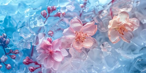 Fototapeta premium Delicate pink flowers frozen in ice with sparkling crystals, soft pastel hues, dreamy floral elegance, and artistic macro photography