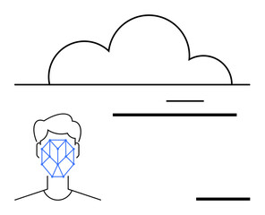 Human face with geometric recognition pattern connected to cloud icon. Ideal for biometrics, security, AI, cloud computing, innovation, data analysis, privacy. Flat simple metaphor