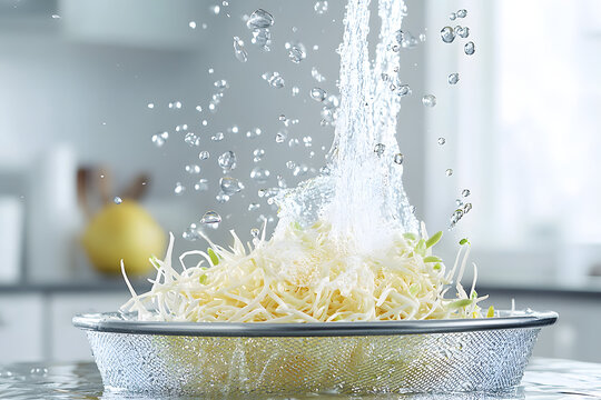 fresh bean sprouts being rinsed in colander under running water, droplets splashing