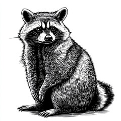Obraz premium A black and white illustration of a raccoon sitting upright with detailed fur and facial features
