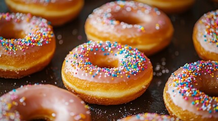 Freshly Baked Donuts with Colorful Sprinkles on a Dark Background