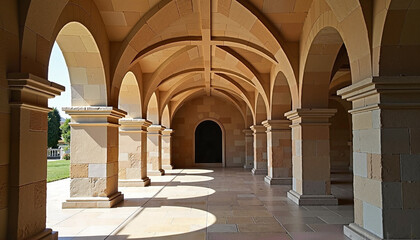 Ceiling resembling classical Roman villa architecture with arched columns and natural light