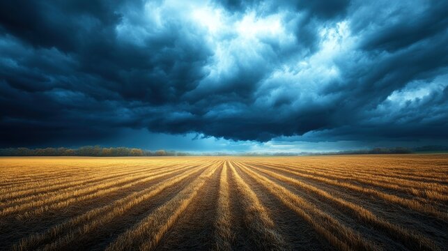 stormy landscape, dramatic lighting and dark storm clouds rolling over an empty field, leaving space for text