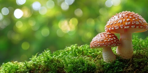 Mushrooms Growing in Forest Under Soft Sunlight With Lush Greenery in Autumn