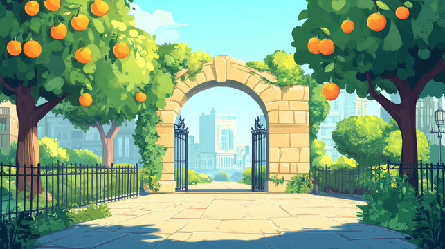 Autumn landscape with stone arch entrance to city park, metal fence and orange trees. Vector parallax background for 2d animation with cartoon public garden with archway entry and buildings on skyline