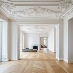 Spacious interior featuring white walls, oak parquet flooring, and elegant gypsum stucco detailing on walls and ceiling.
