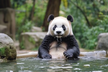 Adorable Giant Panda Sitting in Water, Relaxing and Enjoying Bath Time in Asia