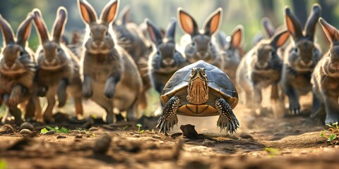 Fototapeta premium Turtle Racing Against Rabbits – Surreal Animal Competition in a Dramatic Action Scene with Motion Blur and Intense Atmosphere