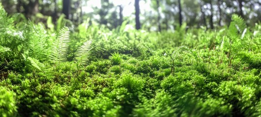 Lush Forest Floor Covered in Moss and Ferns