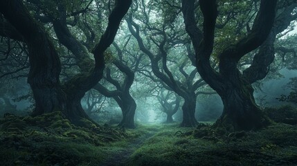 Enchanted Forest Pathway with Twisted Trees and Ethereal Mist