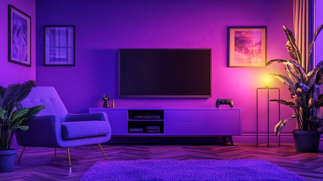 Living room for game on tv cartoon vector background. Gamer lounge interior with screen, armchair, console, joystick for playing setup. Play esport in apartment livingroom with purple wall design