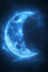 Obraz premium Glowing blue crescent moon in night sky.