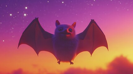 Fototapeta premium Cute cartoon bat in flight at sunset