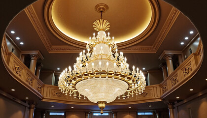 Obraz premium Ceiling with massive central chandelier in luxurious interior design featuring elegant details